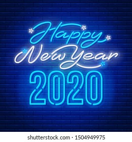Happy New Year 2020 text written by neon. Unusual and bright inscription. Brick wall on background. Vector illustration. 