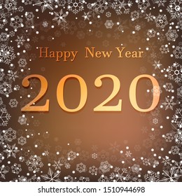 Happy New Year 2020 text design. Vector greeting illustration with golden numbers and snowflake