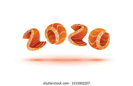 Happy New Year 2020 text design. Salmon style numbers for sushi calendar background.