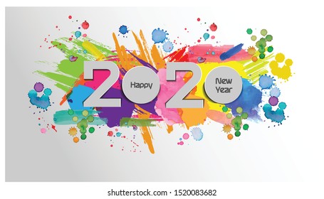 Happy new year  2020 text - Background Watercolor stains colorful -  modern Idea and Concept Vector illustration.