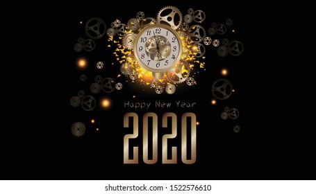 Happy new year 2020 text -  illustration Vector clock gold  glitter  elegant luxury gold  midnight with cog.