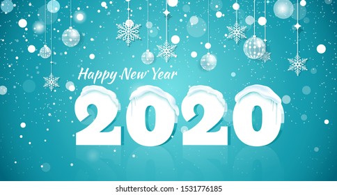 Happy new year 2020 Text Design. 2020 snow number illustration. Happy holidays banner with snowflakes and icicles isolated on blue sparkling background.  Vector illustration.