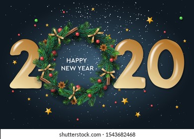 Happy New Year 2020 text design. Vector greeting illustration with and Christmas wreath on dark background.