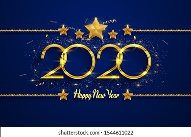 Happy New Year 2020 text design. Vector greeting illustration with golden numbers