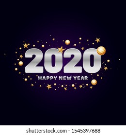 Happy New Year 2020 text decorated with golden baubles and stars on purple background can be used as greeting card design.
