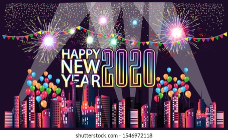 Happy new year  2020 text with Building in the city,Fireworks Colorful, balloon,
Colorful flags  - background Vector illustration.