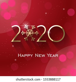 Happy New Year 2020 text design. Vector greeting illustration with golden numbers, lights, bubble, and snowflake. red background