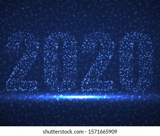 Happy New Year 2020 text design with glowing particles. Holiday vector illustration