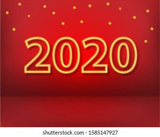 Happy new year 2020 text design Neon vector image greeting messages with golden numbers, stars.Red background with space for text design, website, invitation card, illustration. Vector EPS10.