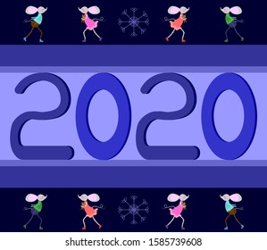 Happy New Year 2020 Text with mouse skating on Purple Background. Vector illustration for greeting card, poster, banner or print.