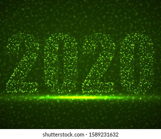 Happy New Year 2020 text design with glowing particles. Holiday vector illustration