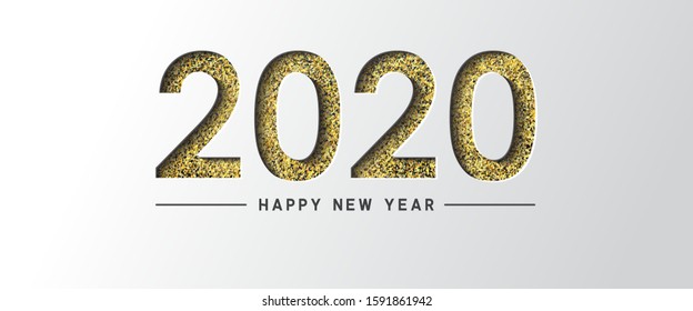 Happy New Year 2020 text gold design with paper cut style and ribbon gold. Vector illustration.