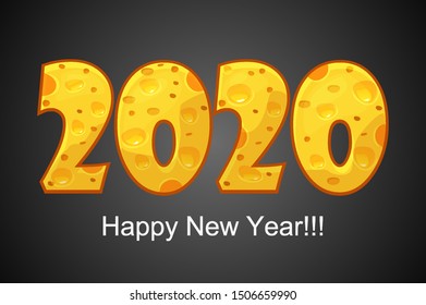Happy New Year 2020. Textured text 2020 with cheese effect. Isolated on black background.