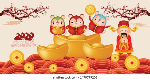 Happy New Year 2020. Three little rats holding gold , Ingot. The year of the rat. Translation Happy New Year