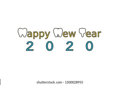 Happy New Year 2020, tooth with number - dental cartoon vector flat style cute character for design