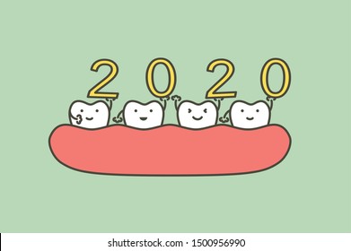 Happy New Year 2020, tooth with number - dental cartoon vector flat style cute character for design