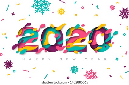 Happy New Year 2020 typography design with abstract paper cut shapes and confetti with snowflakes. Vector illustration.