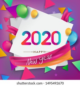 Happy new year 2020 typography vector design for greeting cards and poster with balloon, confetti, design template for new year celebration.