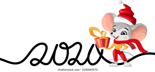 Happy New Year 2020 typography with symbol of the year rat . Vector winter holiday illustration with black 2020 numbers and mouse isolated on white background. 