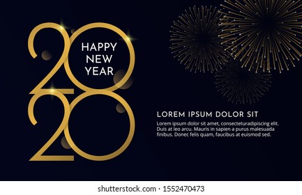 Happy new year 2020 typography text celebration poster design. glowing golden number with gold fireworks explosion element and dark sky background vector illustration.