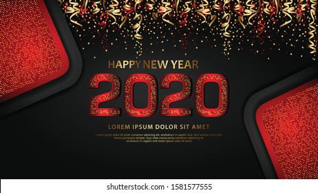 Happy new year 2020 typography text celebration poster design. glowing and glitters dark red number with sparkle element and dark sky background vector illustration.