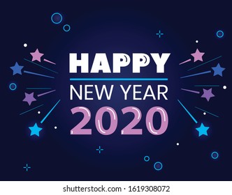 Happy new year 2020 typography background. celebration poster design. fireworks explosion element and dark sky background vector illustration.  Blue bg