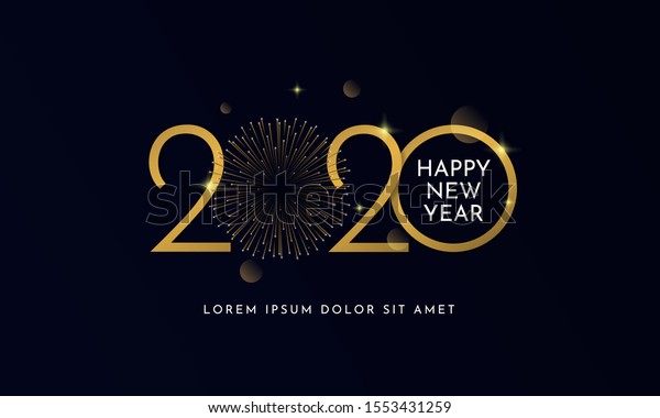 Happy new year 2020 typography text celebration poster design. glowing golden number with gold fireworks explosion element and dark sky background vector illustration.