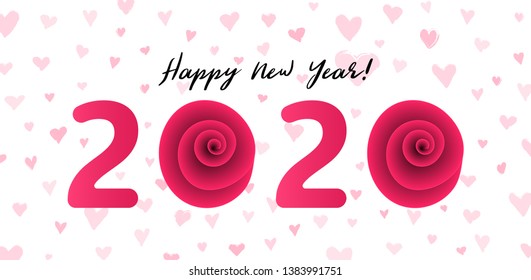 Happy New year 2020 vector illustration. Romantic 2020 decorated with hearts. EPS10