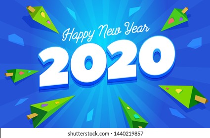 Happy New Year 2020 vector banner template. Christmas greeting card, poster with decorated geometric christmas trees. 3D white digits on blue gradient background illustration
