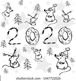 Happy New Year 2020. Vector illustration of rats,  fir trees in trendy Scandinavian style. Design for Merry Christmas and New Year backgrounds, cards.