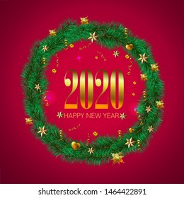 happy new year 2020 ,vector illustration,Golden snowflakes on red background , fir branches,circle