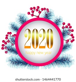 happy new year 2020 ,vector illustration,fir branches and red berries