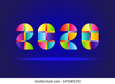 Happy New Year 2020. Vector Abstract Design Colorful Numbers on Blue Background
