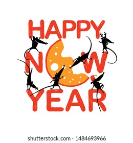 Happy New Year 2020. Vector mouse design set. Mouse silhouette. Mice have fun around the cheese. The mouse is a symbol of the Chinese New Year. Vector logo, lettering, logo for banners, greeting cards