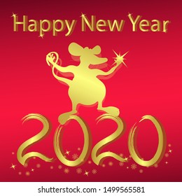 Happy New Year 2020. Vector holiday illustration of a golden rat and shiny golden stars on a red background.