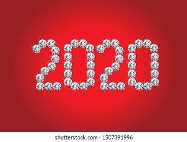 Happy New Year 2020! Vector holiday greeting card with many  crystals diamonds on red background.  Figure 2020 are of crystals diamonds.
