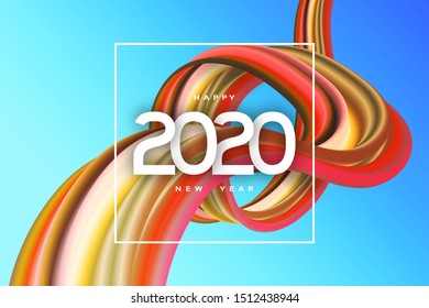 Happy New Year 2020 Vector Art Background. Colorful Decoration Wave. Dynamical Turbulence Curve Shape. Frame with Stylish Congratulations Text. Modern Design Calendar 2020. Vector Illustration. 