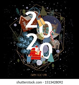 Happy New Year 2020. Vector abstract illustration for the holiday with the number and drawings of santa claus, gifts and objects for background
 
