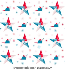Happy new year 2020 Vector seamless pattern with origami rat, stars and snowflakes. 