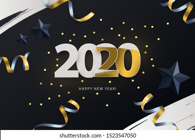 Happy New Year 2020. Vector holiday illustration. White gold paper numbers 2020 isolated on black background with golden confetti. Festive event banner. Decoration element for poster or cover design