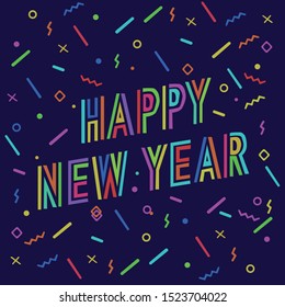 Happy New Year 2020. Vector holiday illustration with colorful confetti and on blue background.