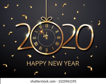 Happy New Year 2020 vector - New Year Shining background with christmas ball gold twelve o clock and glitter confetti, gold numbers. Festive premium concept template for holiday. EPS 10