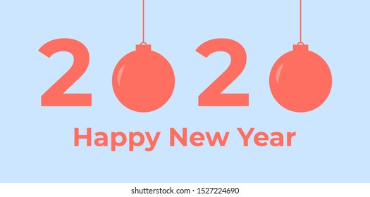 Happy New Year 2020 vector banner with Christmas balls in trendy coral color on the blue background. Special holiday offer simple vector design element.