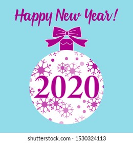 Happy New Year 2020. Vector winter illustration with Christmas ball decorated with snowflakes. Festive background. Design for banner, poster, print.