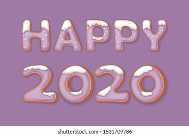 Happy new year 2020 vector illustration with gingerbread cookie letters in cartoon style on lilac background. Letters in the form of ginger cookies with snow. Christmas decoration element.