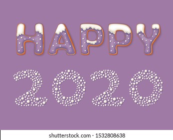 Happy new year 2020 vector illustration with gingerbread cookie letters in cartoon style on lilac background. Letters in the form of ginger cookies with snow. Christmas decoration element.