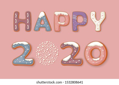 Feliz año nuevo 2020 ilustración vectorial con letras de galletas de pan jengibre en estilo caricatura sobre fondo rosa. Cartas en forma de galletas de jengibre con nieve y espolvorines dulces. Elemento navideño.