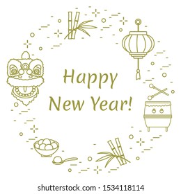Happy new year 2020. Vector illustration with chinese lantern, bamboo, drum, lion mask, holiday treats. Traditional attributes, symbols, rituals, customs Chinese New Year celebration. Design for print