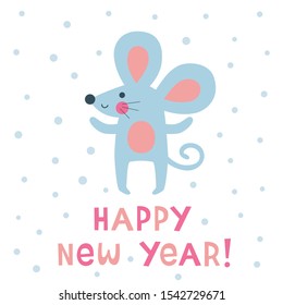 Happy New Year 2020, vector greeting card with a cute cartoon mouse