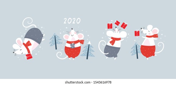 Happy New Year 2020 vector print with cute mouse. Cartoon mouse winter card